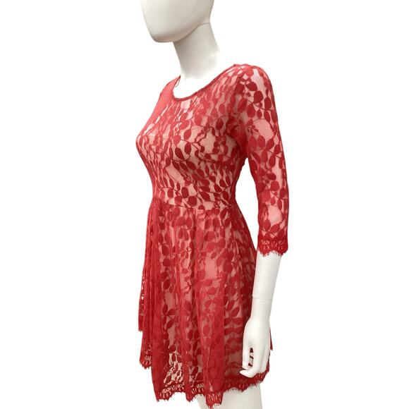 Free People Dress Women’s SZ 0 Slip With Lace Overlay 3/4 Sleeves Red And Cream - Picture 2 of 5